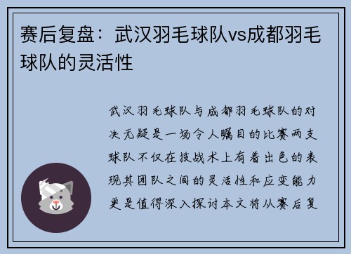 赛后复盘：武汉羽毛球队vs成都羽毛球队的灵活性