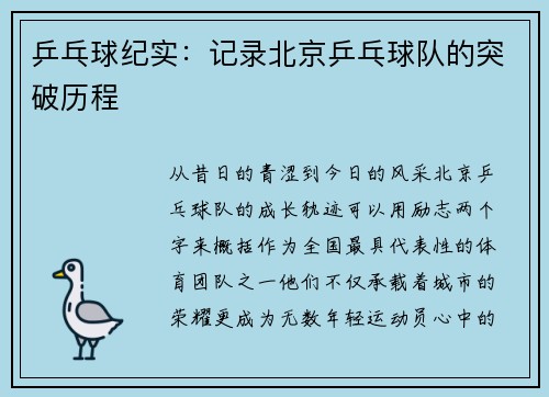 乒乓球纪实：记录北京乒乓球队的突破历程