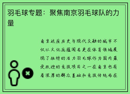 羽毛球专题：聚焦南京羽毛球队的力量